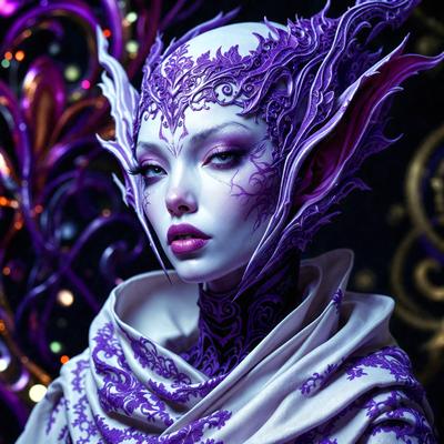 The primary subject of the image is a woman with a purple headpiece, wearing a purple and white scarf. She is standing in front of a purple background, which adds to the overall purple theme of the scene. The visual style of the image is a combination of digital art and illustration, creating a unique and artistic representation of the woman. The colors and mood of the image are predominantly purple, giving it a distinct and striking appearance.